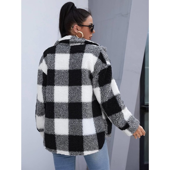 Buffalo Plaid Flap Pocket Teddy Coat teddy jacket black white faux fur - Picture 2 of 5